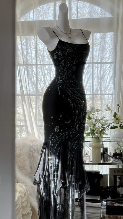 Retro beautiful shoulder strap beaded chiffon irregular skirt prom dress P3285