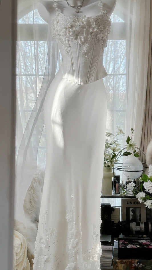 Elegant White Strap Herringbone Beaded Chiffon Evening Gown Prom Dress P3286