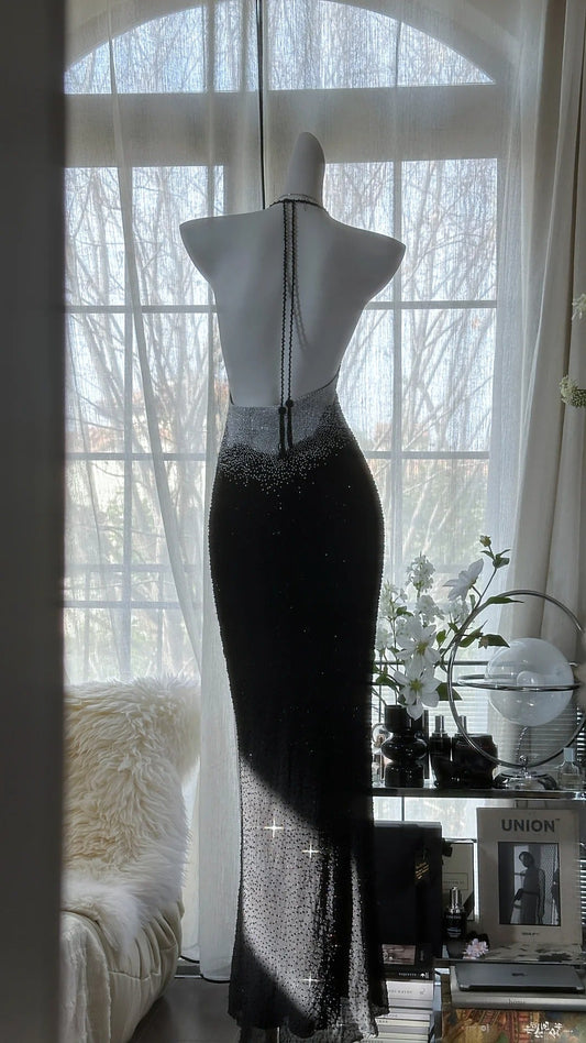 Sexy Halter Neck Backless Beaded Chiffon Black Mermaid Evening Gown Prom Dress P3287