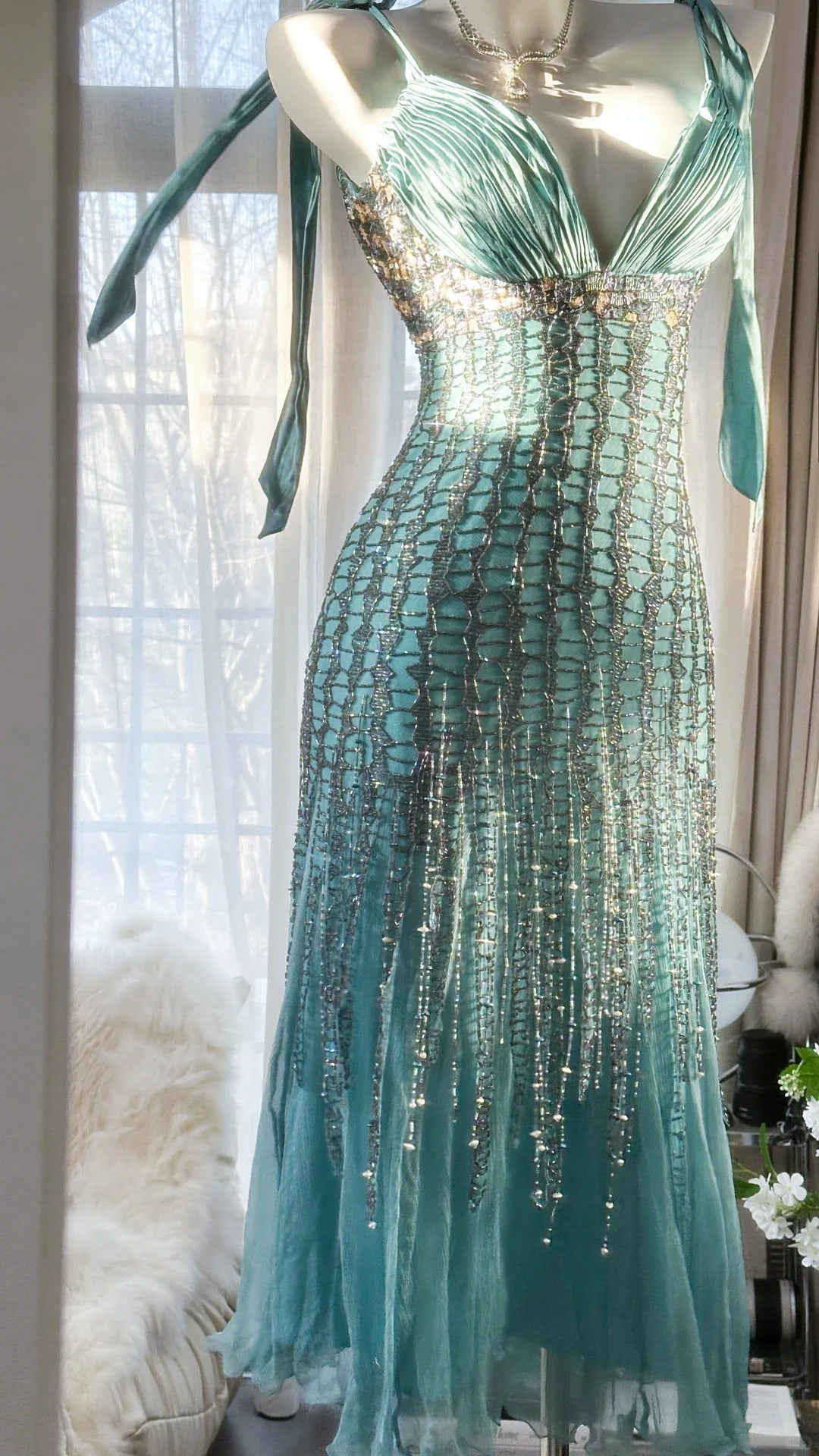 Elegant Blue V-Neck Beaded Tassel Chiffon Prom Dress P3290