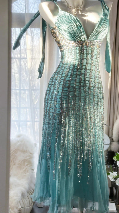 Elegant Blue V-Neck Beaded Tassel Chiffon Prom Dress P3290