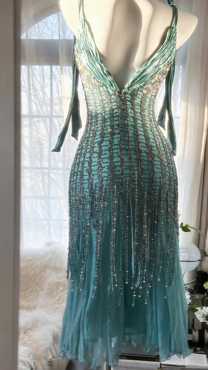 Elegant Blue V-Neck Beaded Tassel Chiffon Prom Dress P3290