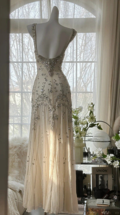 Vintage Ivory Beaded Chiffon Mermaid Prom Dress P3293