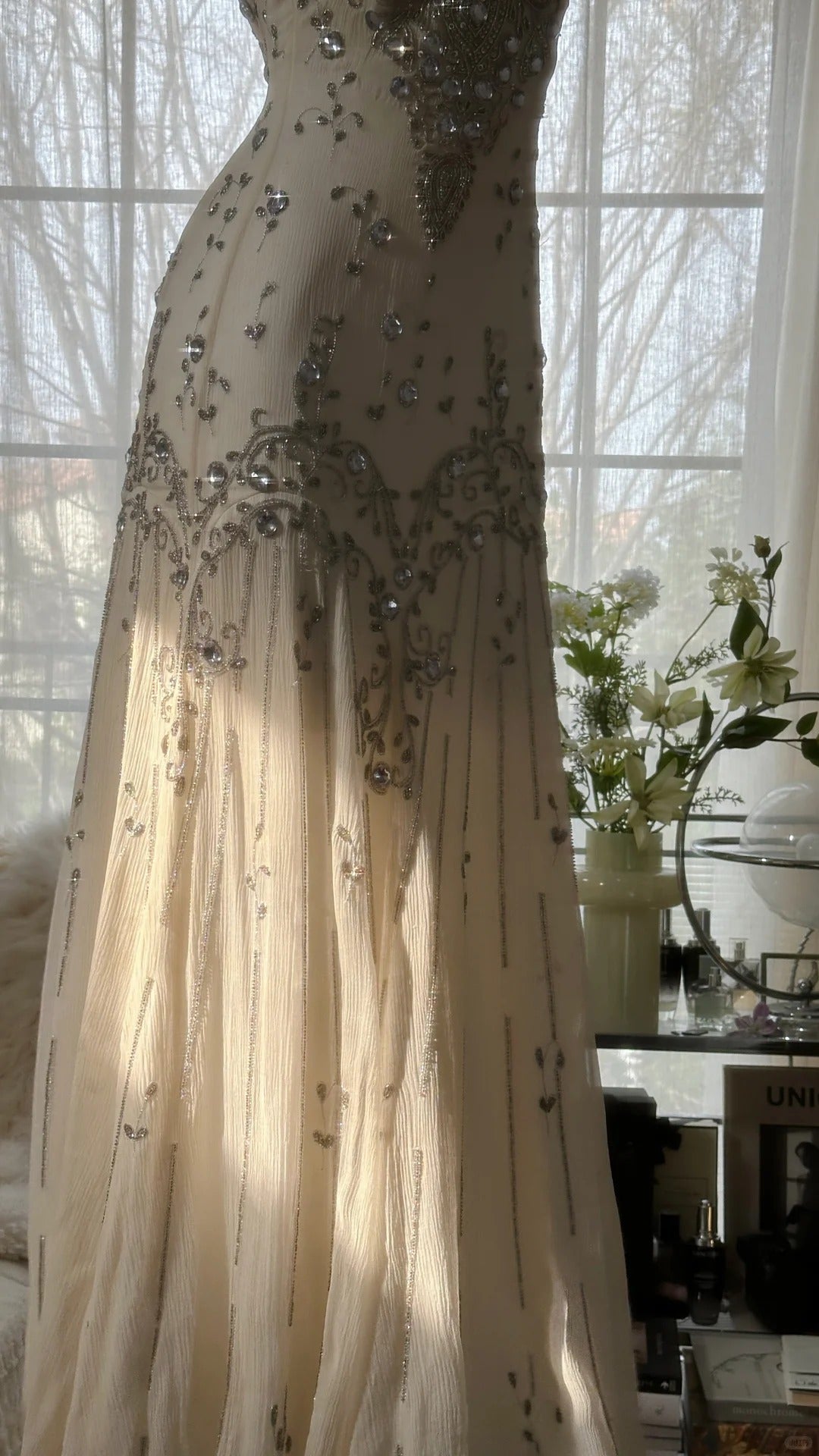 Vintage Ivory Beaded Chiffon Mermaid Prom Dress P3293