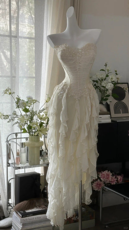 Fairy-like Tube Top With Heart-shaped  Collar And Beaded Wood Ear Curled Skirt Chiffon Prom Dress P3294