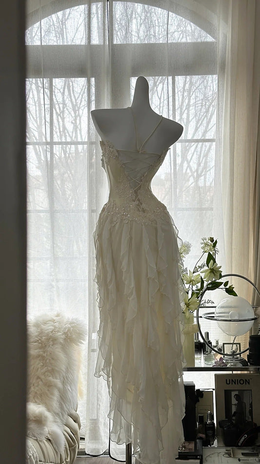 Fairy-like Tube Top With Heart-shaped  Collar And Beaded Wood Ear Curled Skirt Chiffon Prom Dress P3294