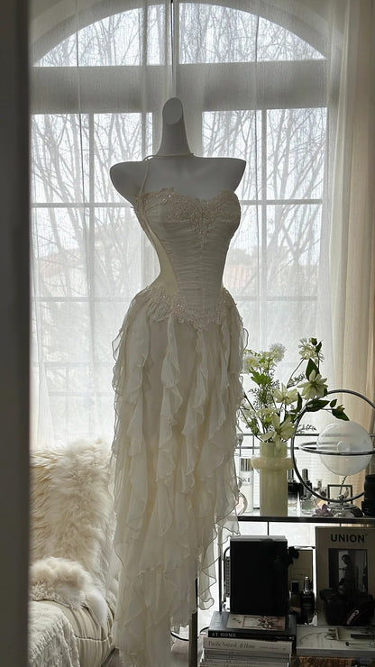 Fairy-like Tube Top With Heart-shaped  Collar And Beaded Wood Ear Curled Skirt Chiffon Prom Dress P3294