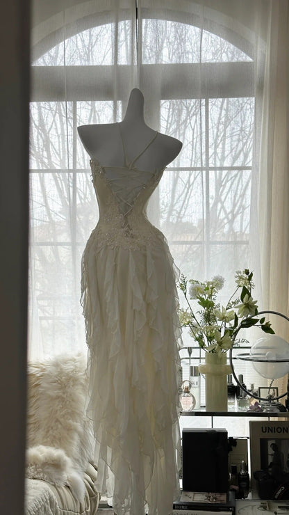 Fairy-like Tube Top With Heart-shaped  Collar And Beaded Wood Ear Curled Skirt Chiffon Prom Dress P3294