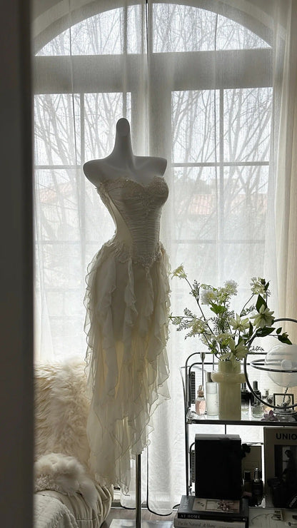 Fairy-like Tube Top With Heart-shaped  Collar And Beaded Wood Ear Curled Skirt Chiffon Prom Dress P3294