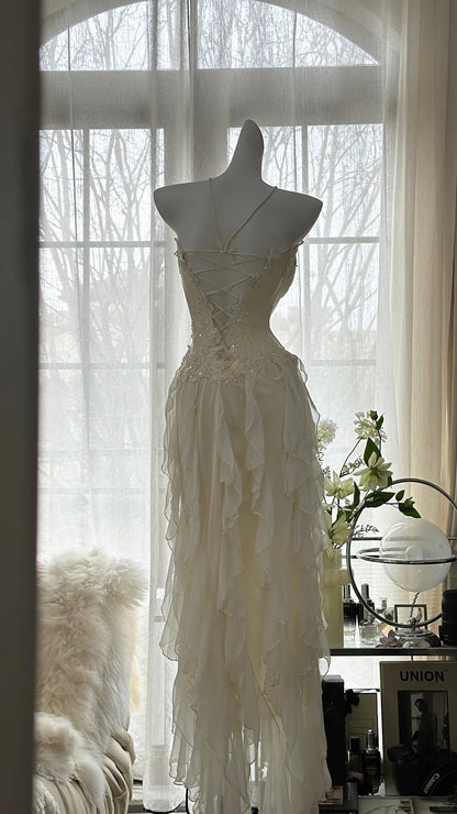 Fairy-like Tube Top With Heart-shaped  Collar And Beaded Wood Ear Curled Skirt Chiffon Prom Dress P3294