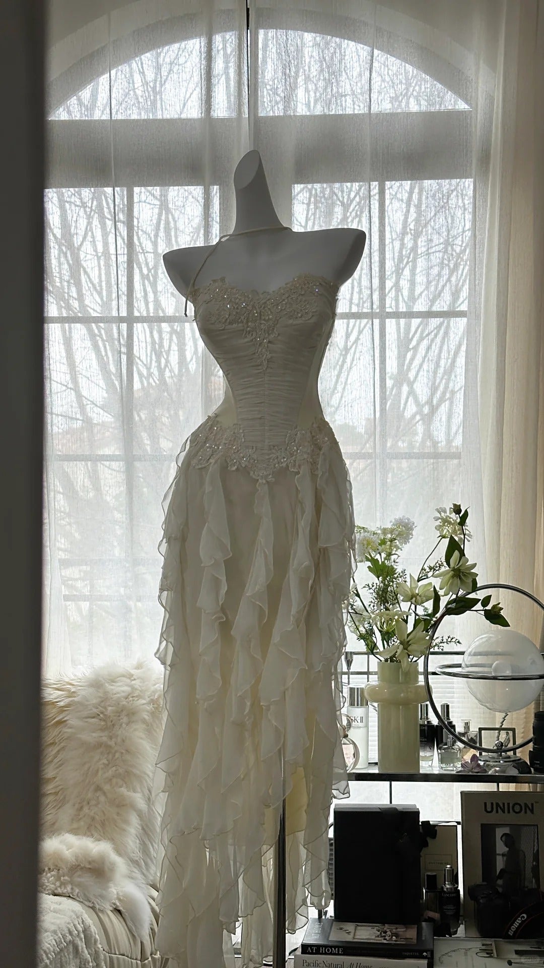 Fairy-like Tube Top With Heart-shaped  Collar And Beaded Wood Ear Curled Skirt Chiffon Prom Dress P3294