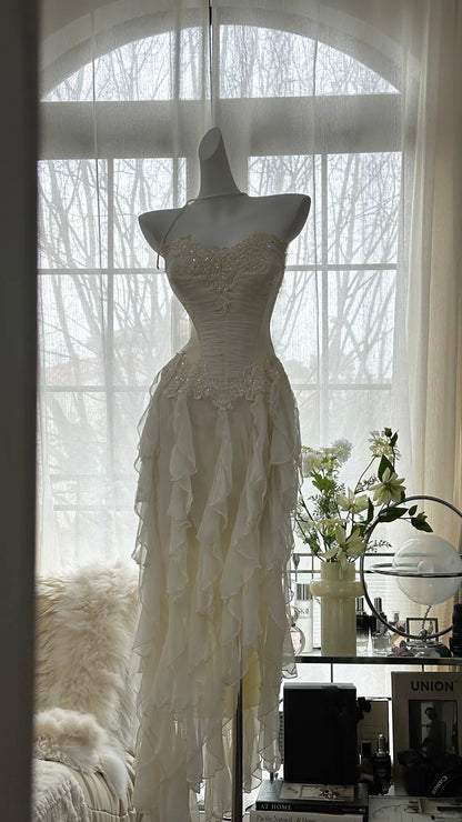 Fairy-like Tube Top With Heart-shaped  Collar And Beaded Wood Ear Curled Skirt Chiffon Prom Dress P3294