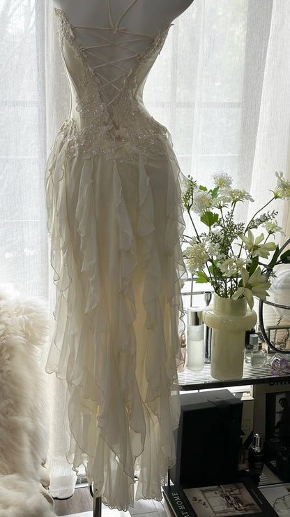 Fairy-like Tube Top With Heart-shaped  Collar And Beaded Wood Ear Curled Skirt Chiffon Prom Dress P3294