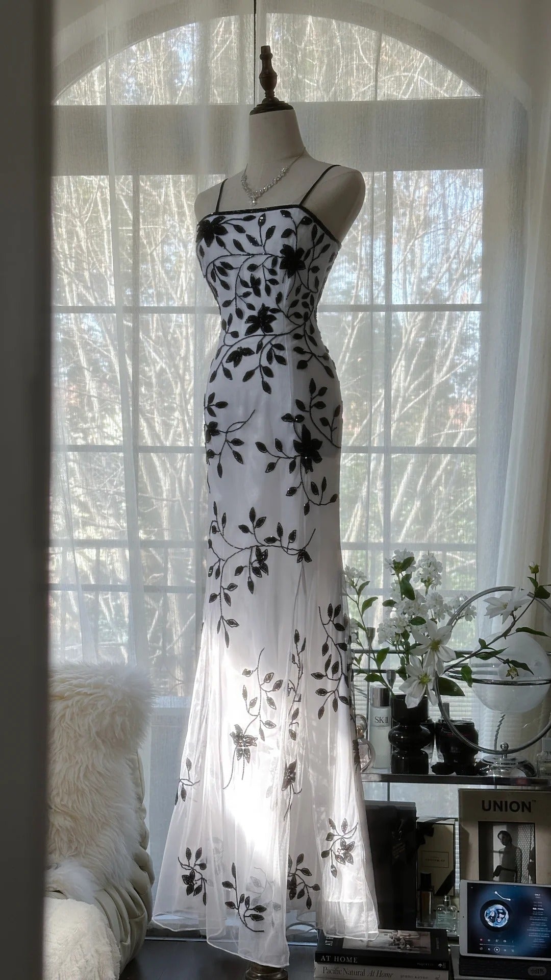 Vintage Bamboo Shadow Beaded Strap Chiffon Evening Gown Prom Dress P3296
