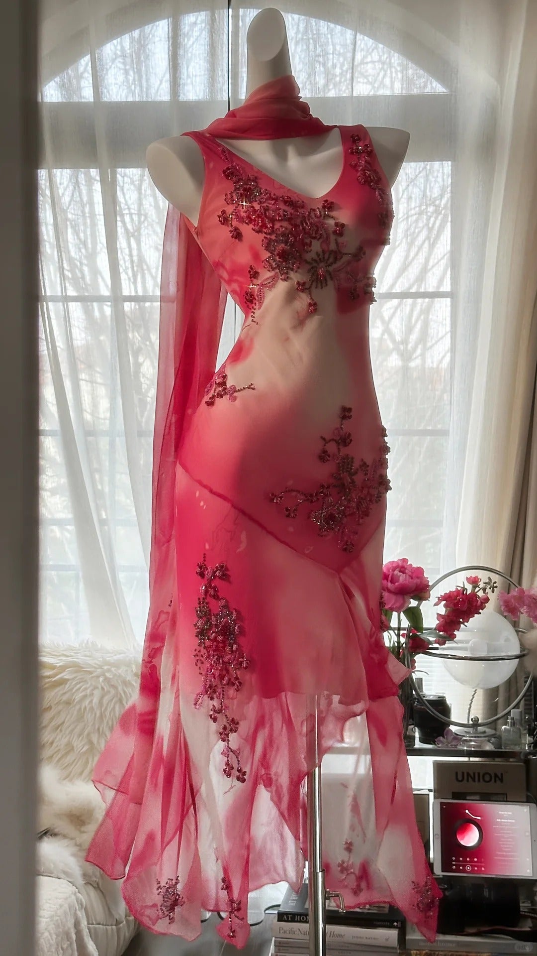Dreamy Smudged Flower Beaded Chiffon Irregular Skirt Prom Dress P3298