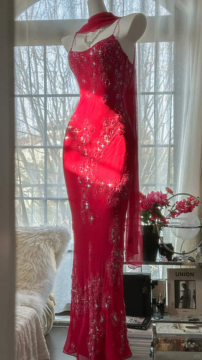 Vintage Red Chiffon Shiny Beaded Spaghetti Strap Mermaid Long Prom Dress Evening Dress TP4569