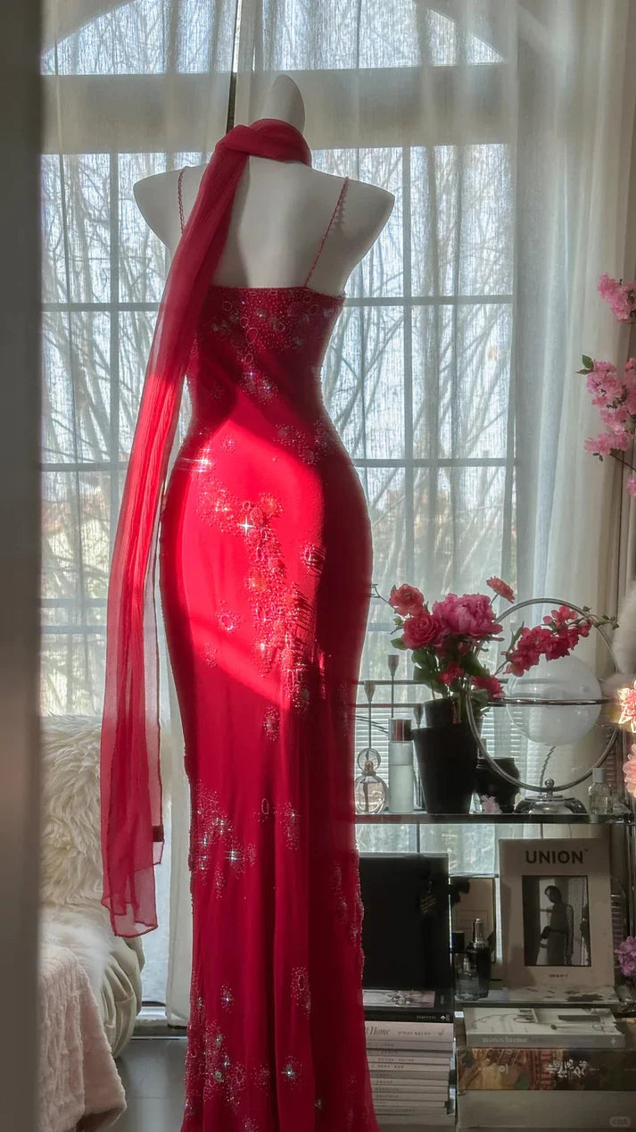 Vintage Red Chiffon Shiny Beaded Spaghetti Strap Mermaid Long Prom Dress Evening Dress TP4569