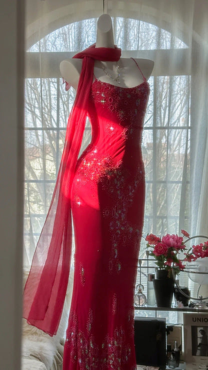 Shiny Beaded Red Mermaid Chiffon Evening Gown Prom Dress P3304