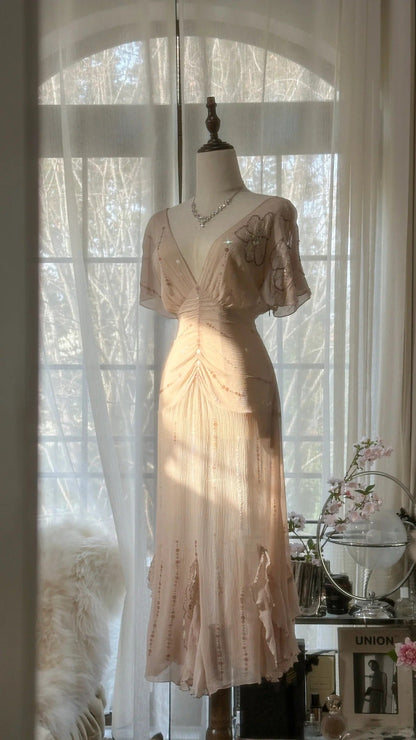 Elegant Pink V-neck Short-sleeved Chiffon Flowing Prom Dress P3309