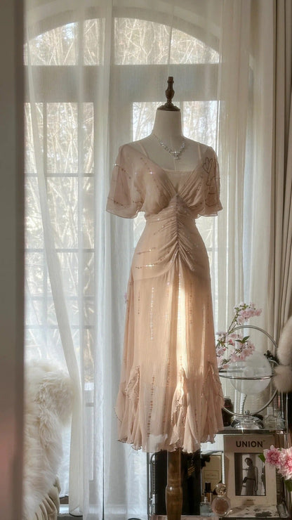 Elegant Pink V-neck Short-sleeved Chiffon Flowing Prom Dress P3309