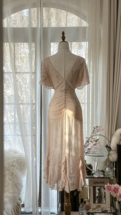 Elegant Pink V-neck Short-sleeved Chiffon Flowing Prom Dress P3309