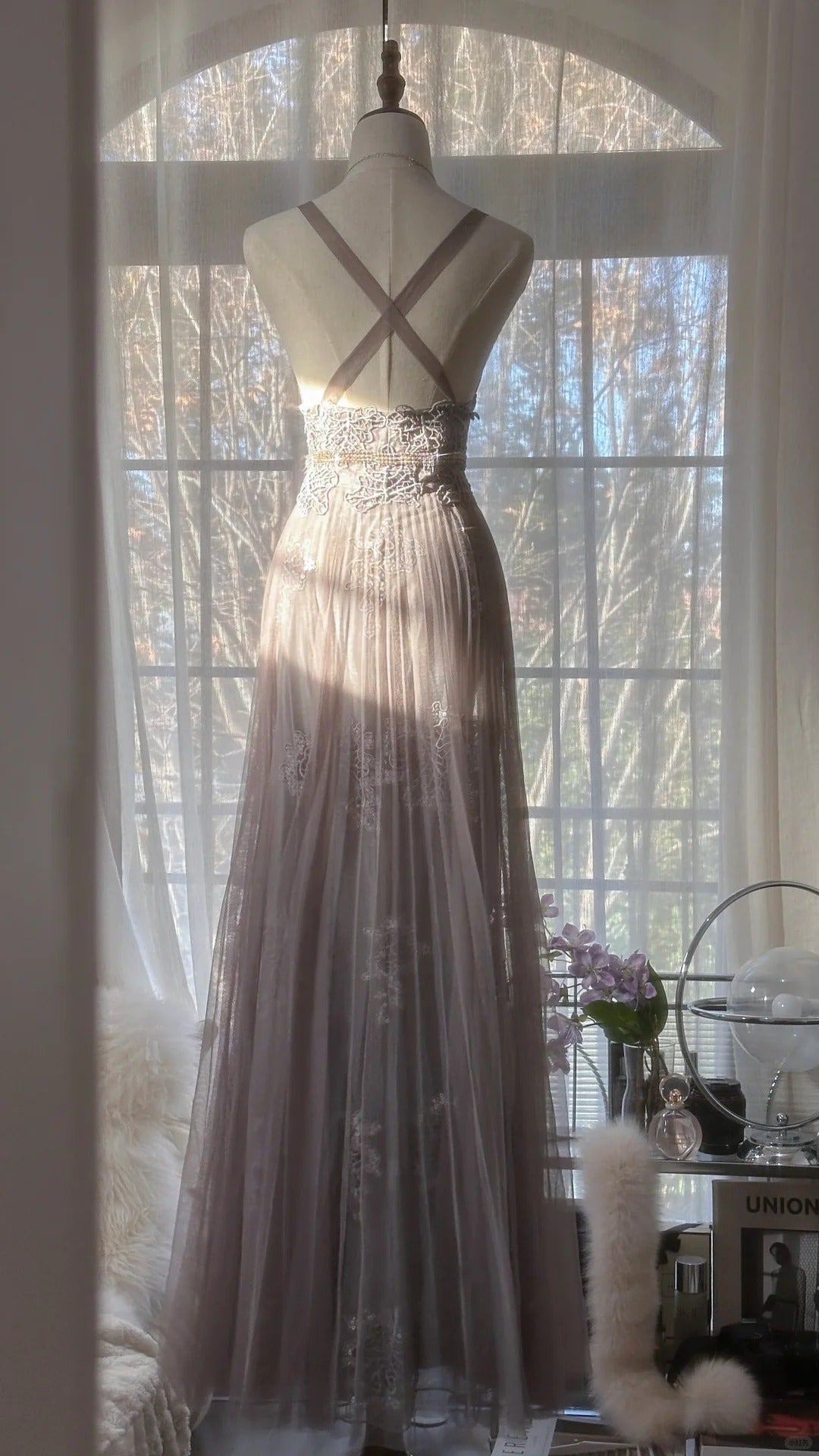 Stunning Purple Lace Tulle Backless Long Prom Dress P3310
