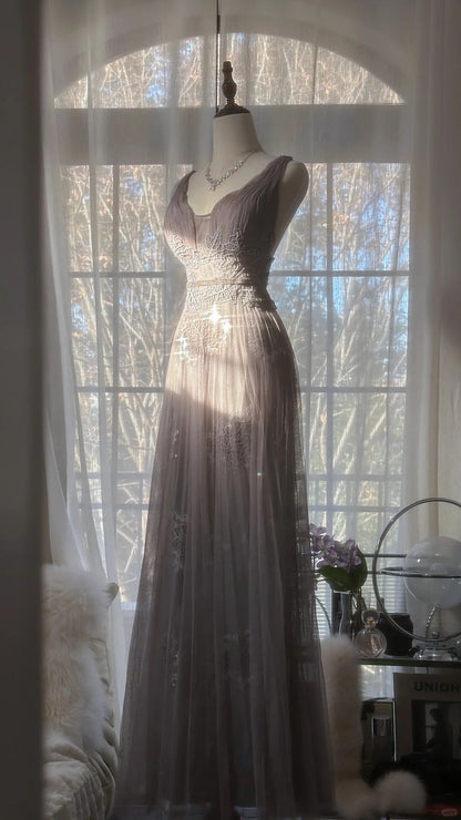 Stunning Purple Lace Tulle Backless Long Prom Dress P3310