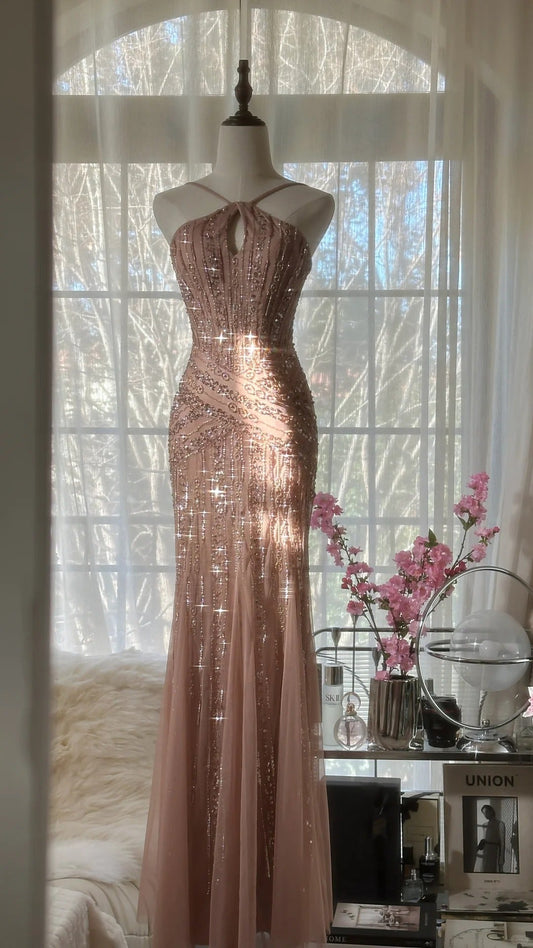 Shiny Pink Beaded Chiffon Mermaid Princess Long Prom Dress P3313