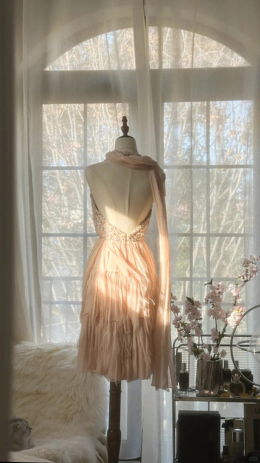 Cute Pink Halterneck Backless Beaded Chiffon Short Prom Dress P3316