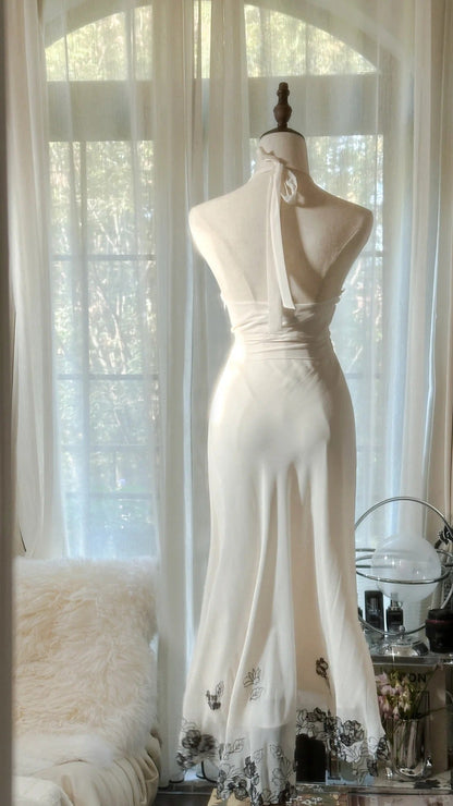 Sexy White Halter Neck Chiffon Lace Trim Prom Dress P3318
