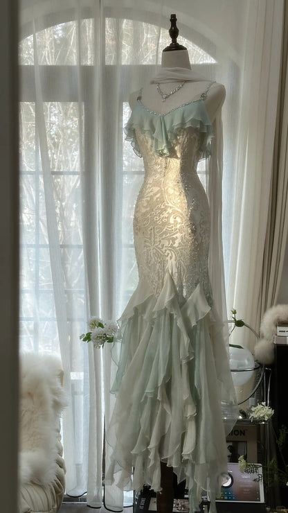 Beautiful Light Blue V-neck Ruffled Beaded Chiffon Mermaid Long Prom Dress P3319