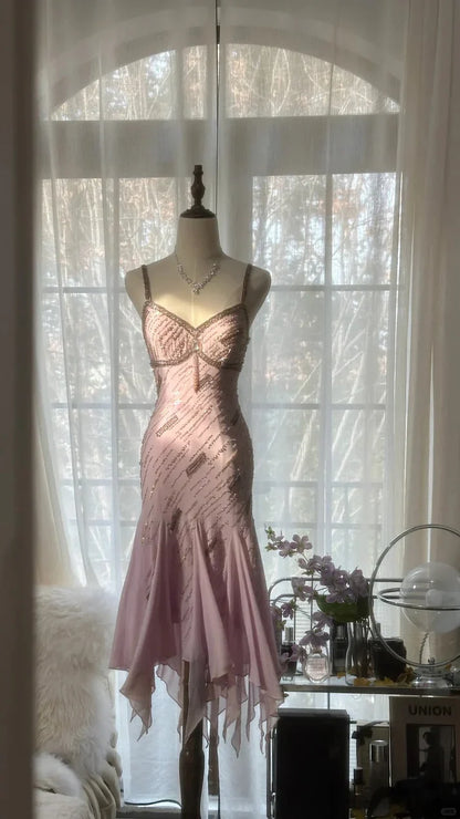 Gorgeous Pink Sweetheart Glittering Beaded Spaghetti Strap Chiffon Mermaid Prom Dress Evening Dress TP4304