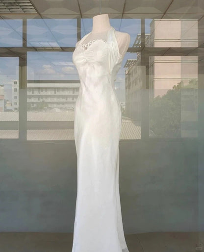 Elegant White Halter Simple Mermaid Long Prom Dress P3326