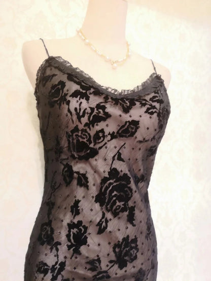 Sexy Black Tulle Rose Strap Mermaid Long Prom Dress P3328