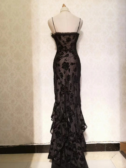 Sexy Black Tulle Rose Strap Mermaid Long Prom Dress P3328
