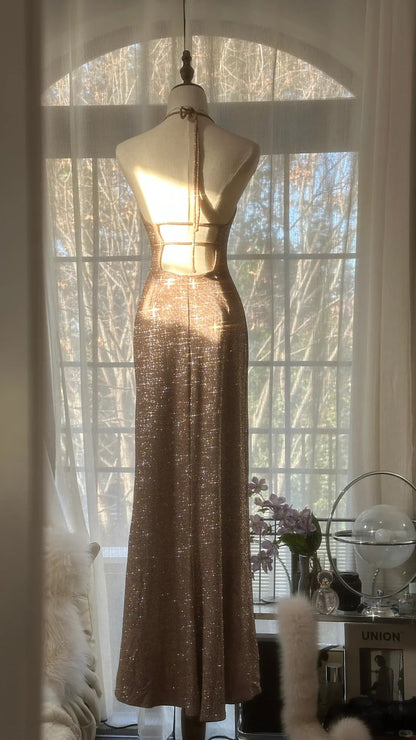 Sparkling Champagne Halter Neck Sequin Mermaid Long Prom Dress P3332