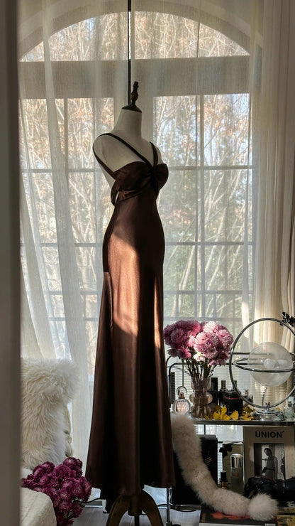 Simple and Elegant Brown Backless Satin Mermaid Long Prom Dress P3334