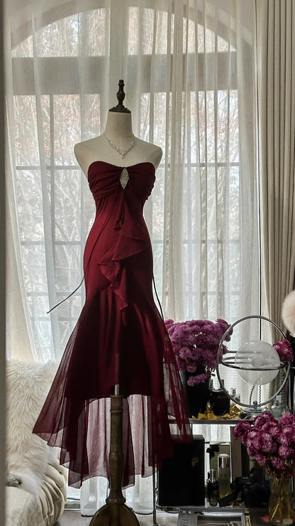 Stunning Burgundy Strapless Chiffon Mermaid Long Prom Dress P3336