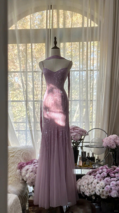 Charming Purple Chiffon Beaded Mermaid Long Prom Dress P3343