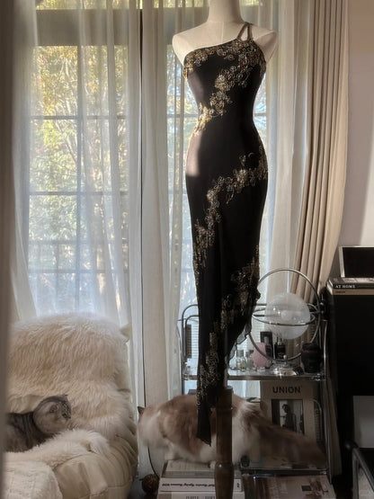 Elegant Black One Shoulder Chiffon Beaded Bias Skirt Mermaid Prom Dress P3345
