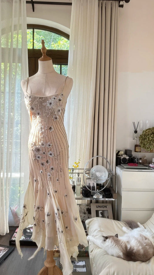 Stunning White Strap Beaded Chiffon Prom Dress P3349