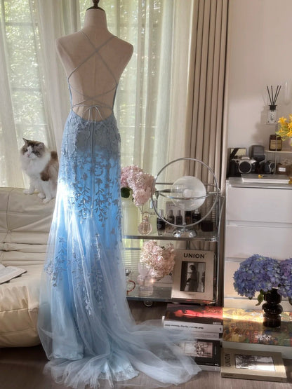 Vintage Light Blue Lace Beaded Open Back Short Train Prom Dress P3352