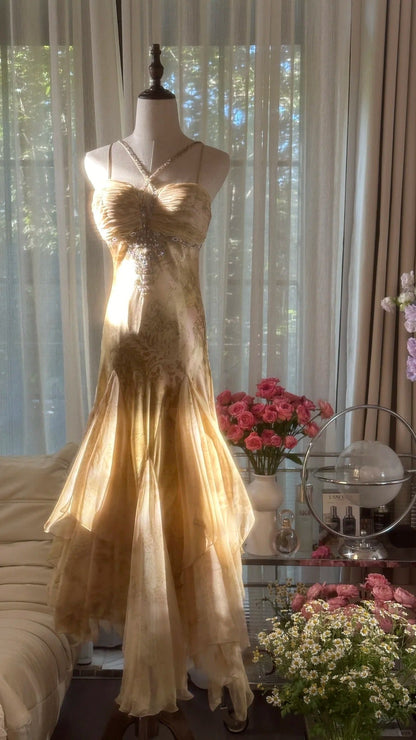 Retro Palace Gold Print Irregular Skirt Mermaid Long Prom Dress P3353