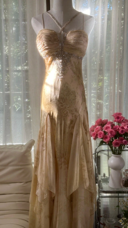 Retro Palace Gold Print Irregular Skirt Mermaid Long Prom Dress P3353
