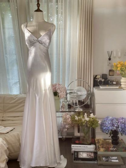 Elegant And Simple White Satin Open Back Prom Dress With Train P3355