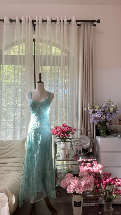 Stunning Blue Backless Beaded Chiffon Mermaid Maxi Prom Dress P3357