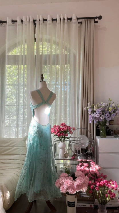 Stunning Blue Backless Beaded Chiffon Mermaid Maxi Prom Dress P3357