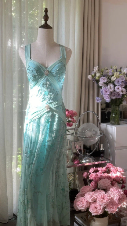 Stunning Blue Backless Beaded Chiffon Mermaid Maxi Prom Dress P3357
