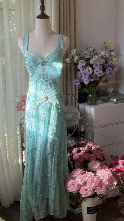 Stunning Blue Backless Beaded Chiffon Mermaid Maxi Prom Dress P3357