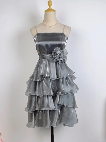 Vintage Laser Silver Strap Cake Skirt Homecoming Dress P3363